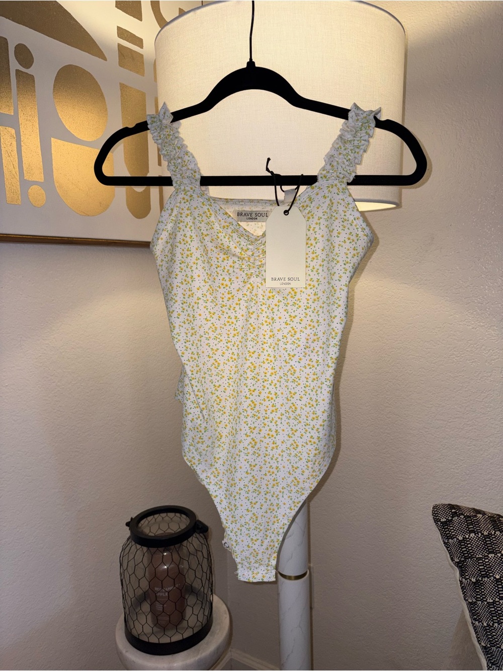 Brave Soul White and Yellow Floral Ruffle Strap Bodysuit